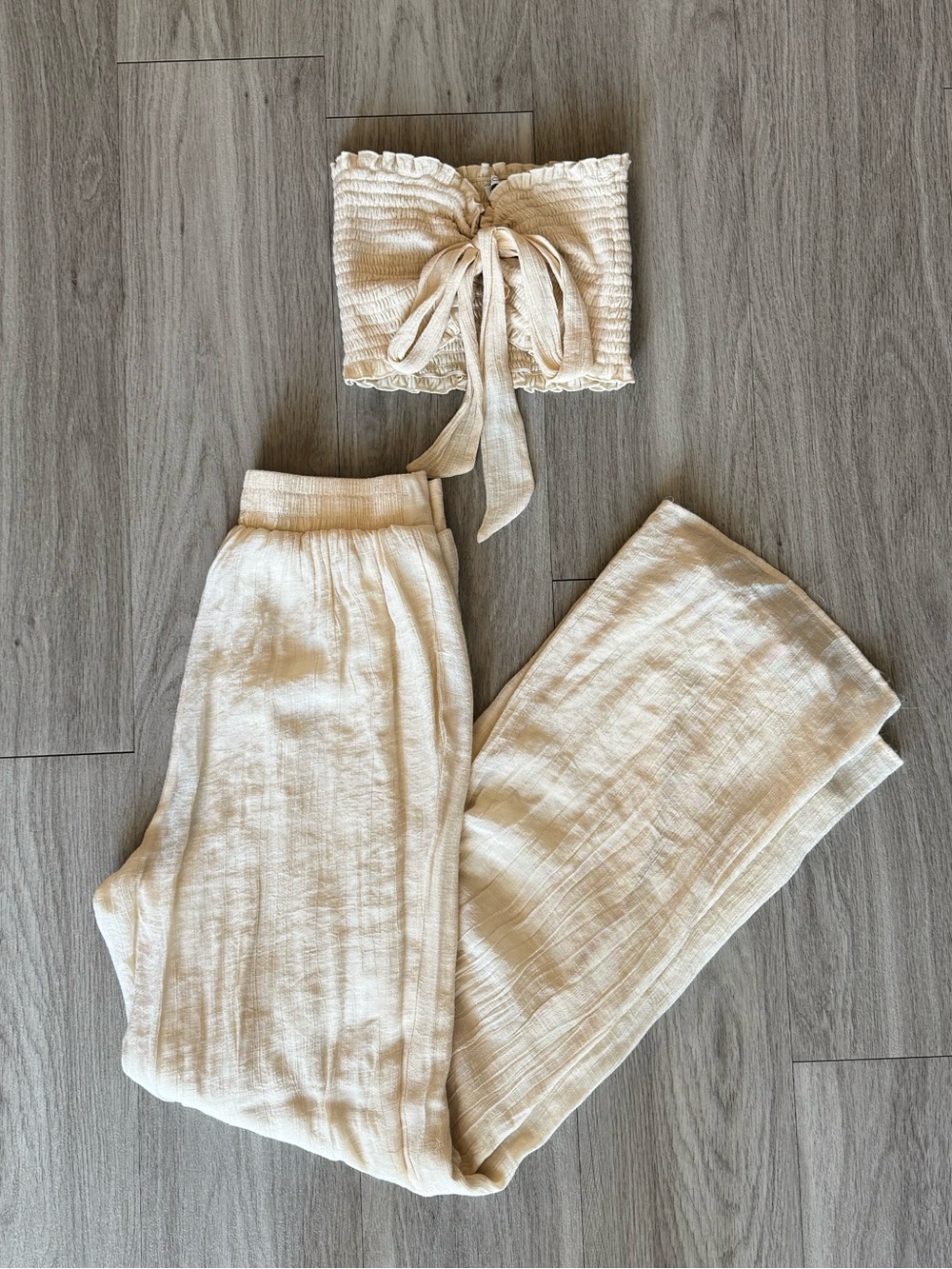 Cream Two-Piece Linen-Texture Set - Tube Top & Wide Leg Pants